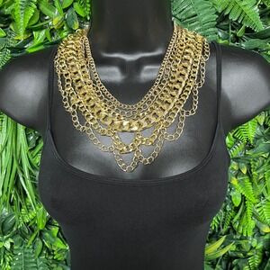 Chunky Tiered Gold Multi Strand Necklace Statement Bib Layered Chain Edgy 3801